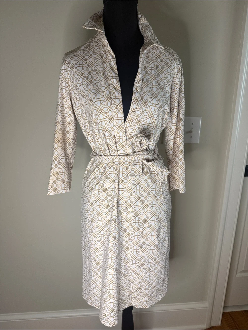 Cream & Gold Geometric Wrap Robe Dress